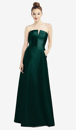 【STYLE: D774】Strapless Notch Satin Gown with Pockets【COLOR: Evergreen】