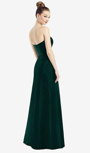 【STYLE: D774】Strapless Notch Satin Gown with Pockets【COLOR: Evergreen】
