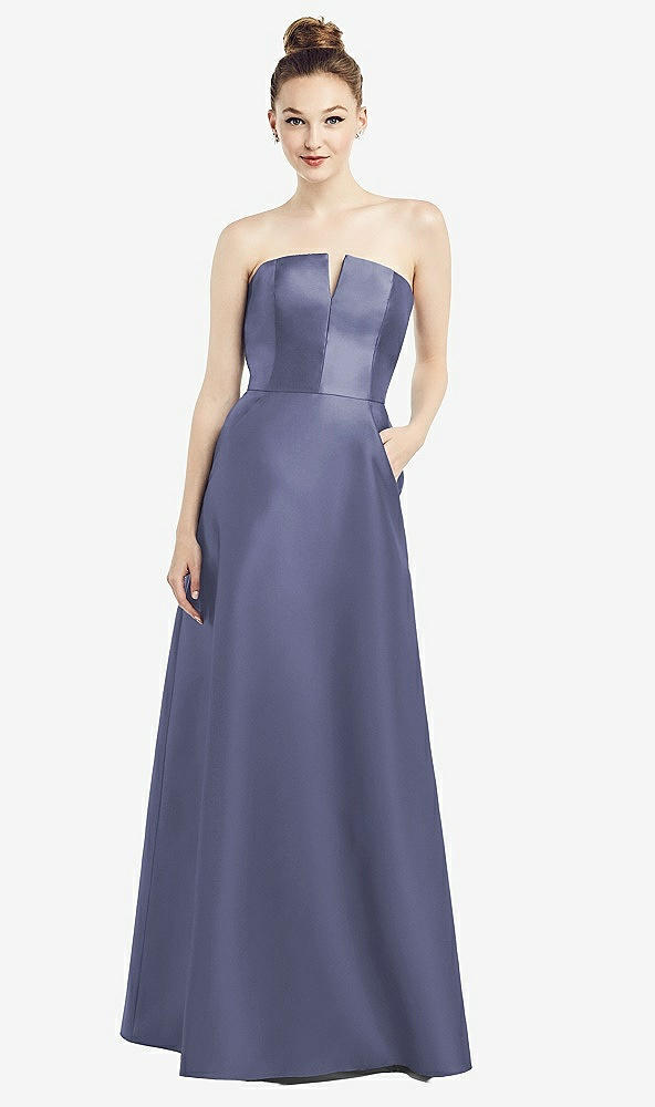 【STYLE: D774】Strapless Notch Satin Gown with Pockets【COLOR: French Blue】
