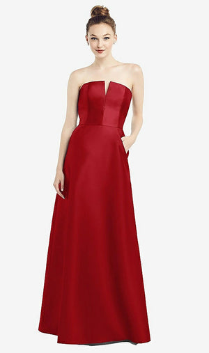 【STYLE: D774】Strapless Notch Satin Gown with Pockets【COLOR: Garnet】