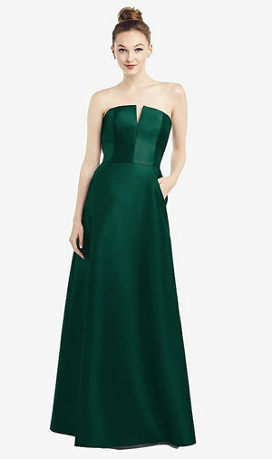 【STYLE: D774】Strapless Notch Satin Gown with Pockets【COLOR: Hunter Green】