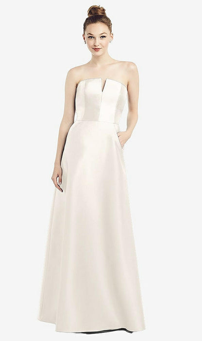 【NEW】【STYLE: D774】ストラップレス ノッチ サテン ガウン ポケット付き【COLOR: Ivory】【SIZE: 00-30W】