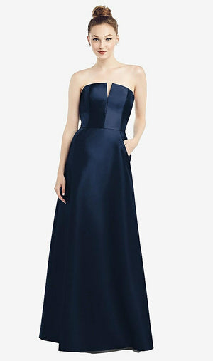 【STYLE: D774】Strapless Notch Satin Gown with Pockets【COLOR: Midnight Navy】