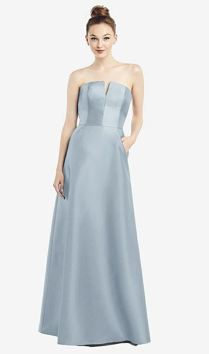 【STYLE: D774】Strapless Notch Satin Gown with Pockets【COLOR: Mist】