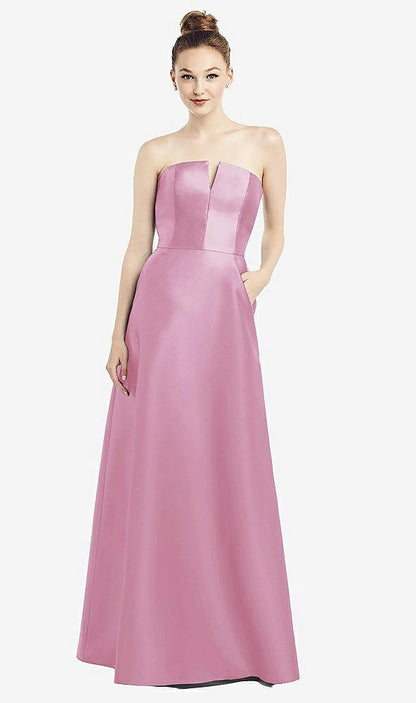 【NEW】【STYLE: D774】ストラップレス ノッチ サテン ガウン ポケット付き【COLOR: Powder Pink】【SIZE: 00-30W】