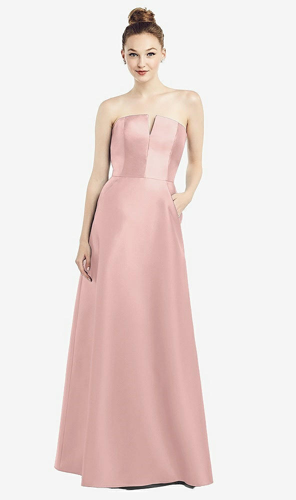 【NEW】【STYLE: D774】ストラップレス ノッチ サテン ガウン ポケット付き【COLOR: Rose - PANTONE Rose Quartz】【SIZE: 00-30W】