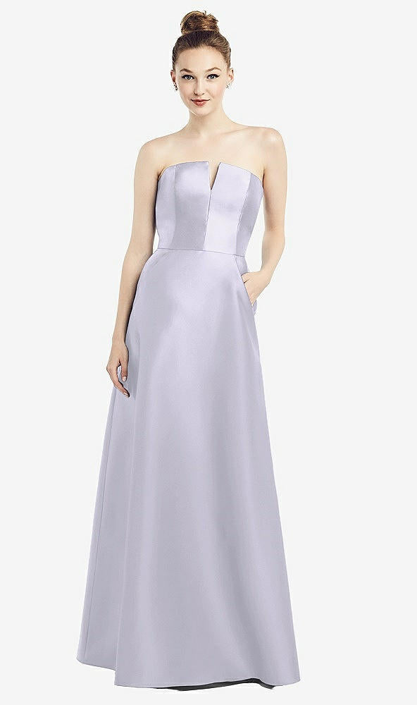 【NEW】【STYLE: D774】ストラップレス ノッチ サテン ガウン ポケット付き【COLOR: Silver Dove】【SIZE: 00-30W】