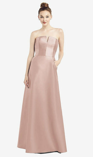 【STYLE: D774】Strapless Notch Satin Gown with Pockets【COLOR: Toasted Sugar】