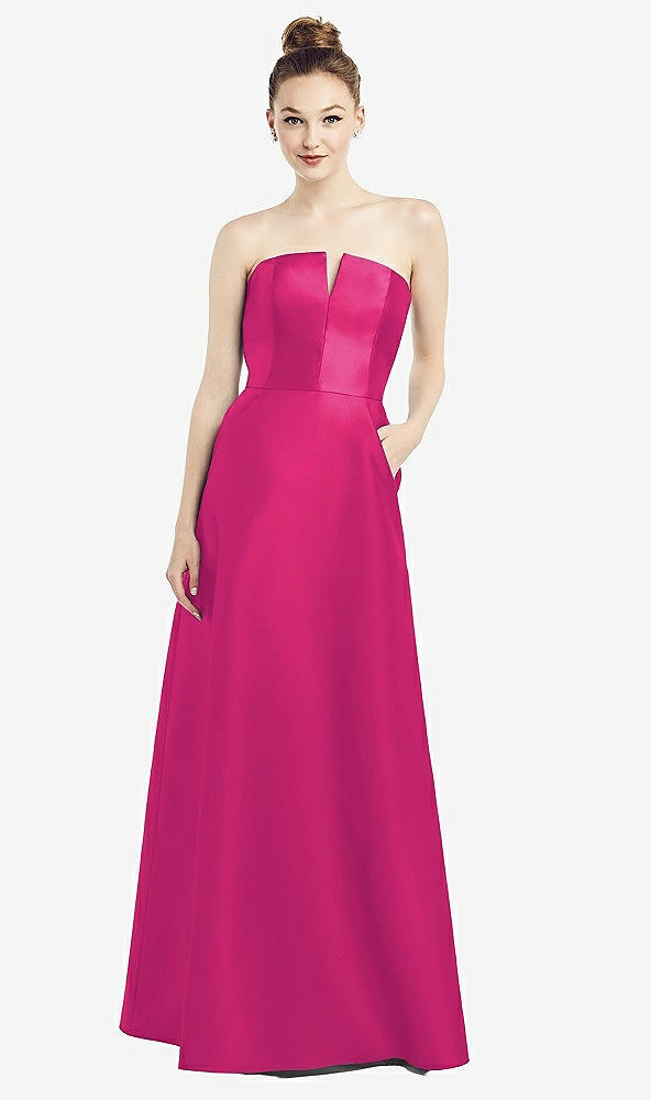 【NEW】【STYLE: D774】ストラップレス ノッチ サテン ガウン ポケット付き【COLOR: Think Pink】【SIZE: 00-30W】