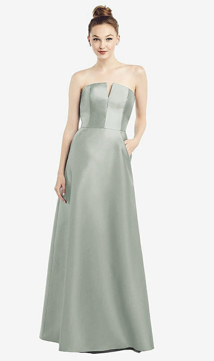 【NEW】【STYLE: D774】ストラップレス ノッチ サテン ガウン ポケット付き【COLOR: Willow Green】【SIZE: 00-30W】