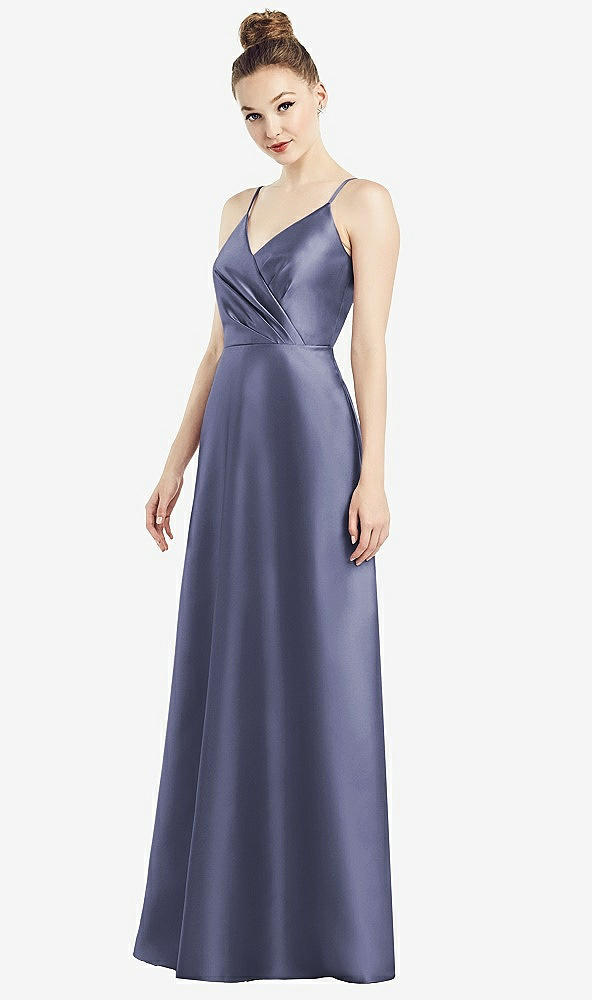 【STYLE: D776】Draped Wrap Satin Maxi Dress with Pockets【COLOR: French Blue】