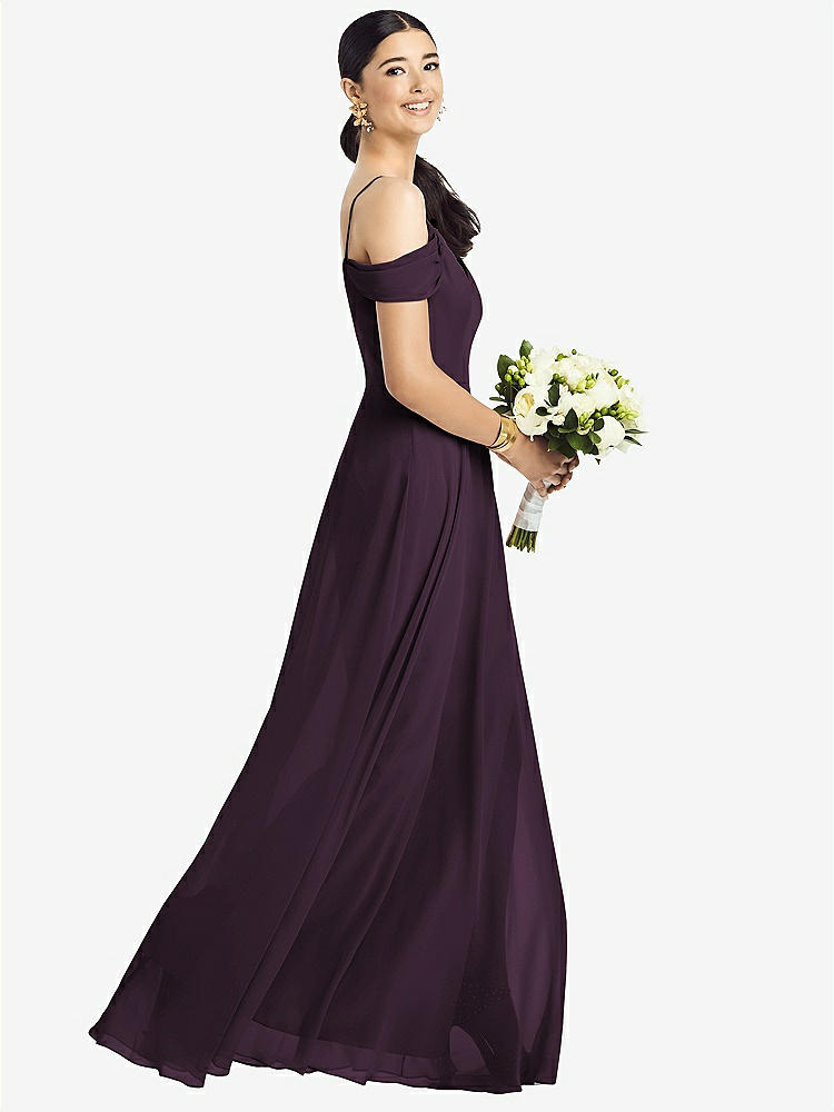 【STYLE: 1526】Cold-Shoulder V-Back Chiffon Maxi Dress【COLOR: Aubergine】