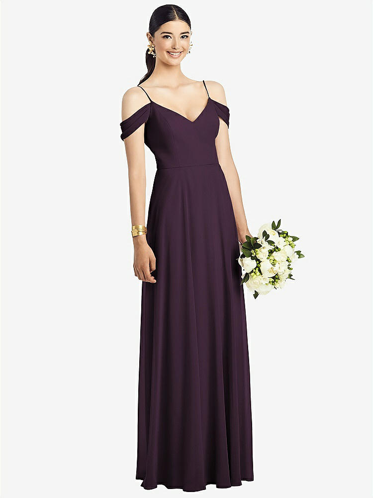 【STYLE: 1526】Cold-Shoulder V-Back Chiffon Maxi Dress【COLOR: Aubergine】