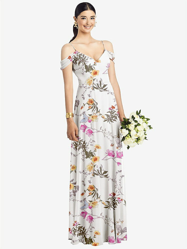 【STYLE: 1526】Cold-Shoulder V-Back Chiffon Maxi Dress【COLOR: Butterfly Botanica Ivory】