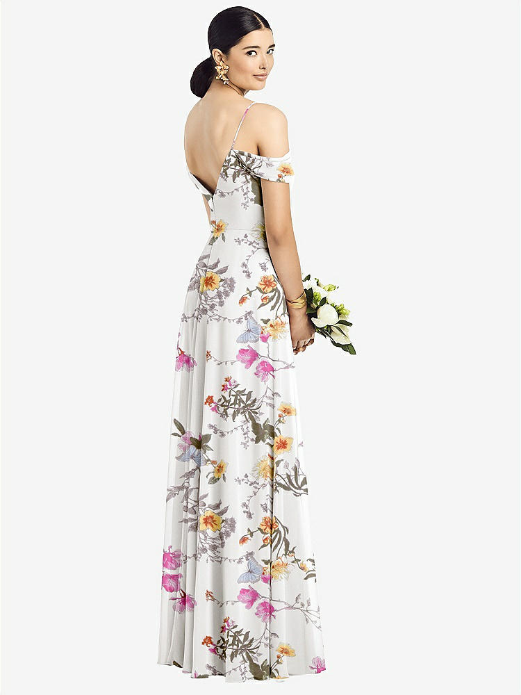 【STYLE: 1526】Cold-Shoulder V-Back Chiffon Maxi Dress【COLOR: Butterfly Botanica Ivory】