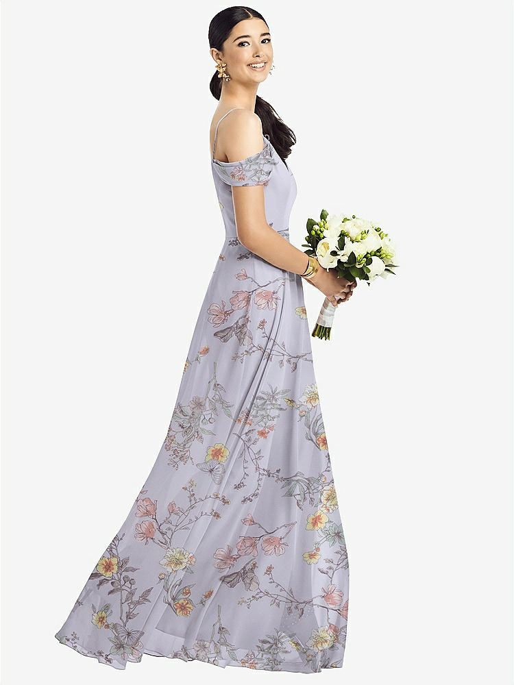 【STYLE: 1526】Cold-Shoulder V-Back Chiffon Maxi Dress【COLOR: Butterfly Botanica Silver Dove】
