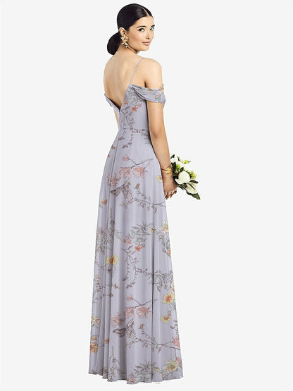 【STYLE: 1526】Cold-Shoulder V-Back Chiffon Maxi Dress【COLOR: Butterfly Botanica Silver Dove】