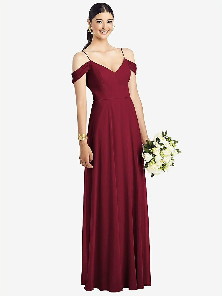 【STYLE: 1526】Cold-Shoulder V-Back Chiffon Maxi Dress【COLOR: Burgundy】