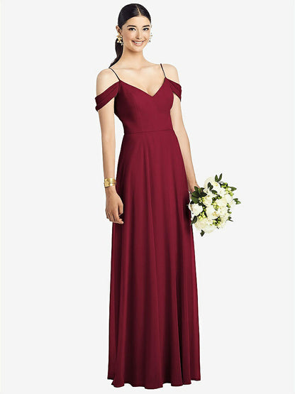 【STYLE: 1526】Cold-Shoulder V-Back Chiffon Maxi Dress【COLOR: Burgundy】