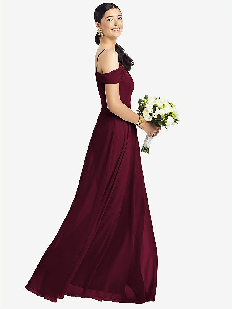 【STYLE: 1526】Cold-Shoulder V-Back Chiffon Maxi Dress【COLOR: Cabernet】