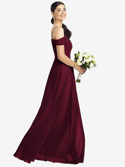 【STYLE: 1526】Cold-Shoulder V-Back Chiffon Maxi Dress【COLOR: Cabernet】