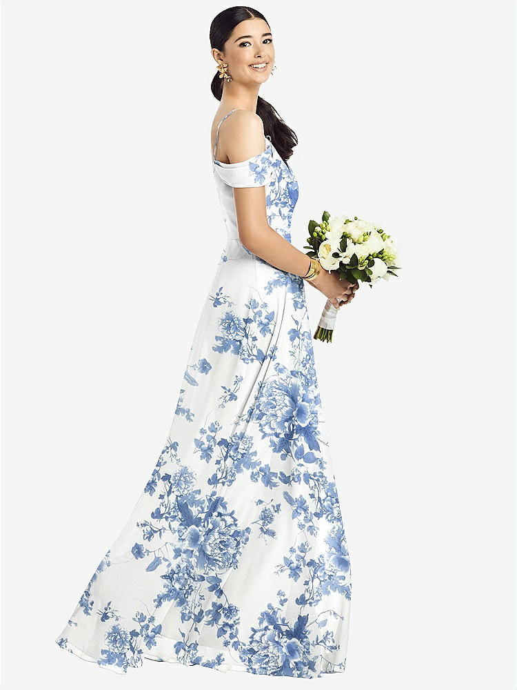 【STYLE: 1526】Cold-Shoulder V-Back Chiffon Maxi Dress【COLOR: Cottage Rose Dusk Blue】