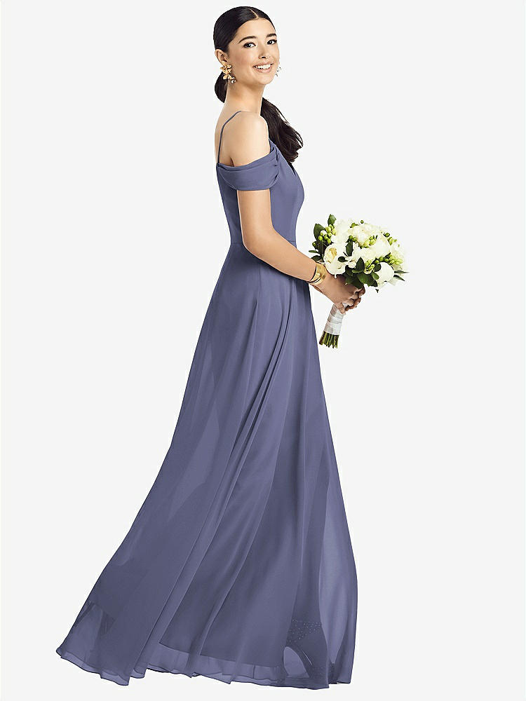 【NEW】【STYLE: 1526】コールドショルダー Vバック シフォン マキシ ドレス【COLOR: French Blue】【SIZE: 00-30W】