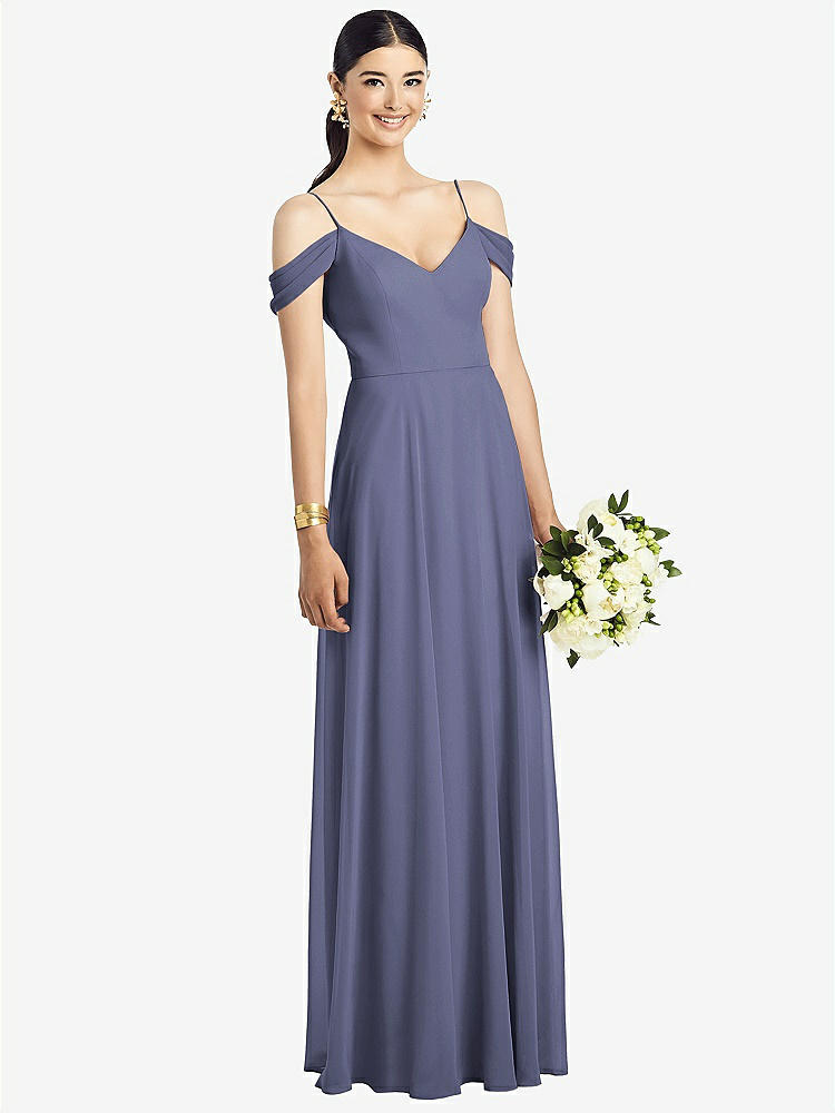 【NEW】【STYLE: 1526】コールドショルダー Vバック シフォン マキシ ドレス【COLOR: French Blue】【SIZE: 00-30W】