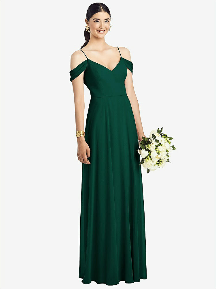【STYLE: 1526】Cold-Shoulder V-Back Chiffon Maxi Dress【COLOR: Hunter Green】