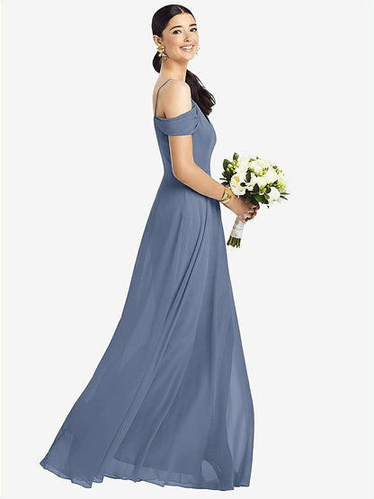 【NEW】【STYLE: 1526】コールドショルダー Vバック シフォン マキシ ドレス【COLOR: Larkspur Blue】【SIZE: 00-30W】