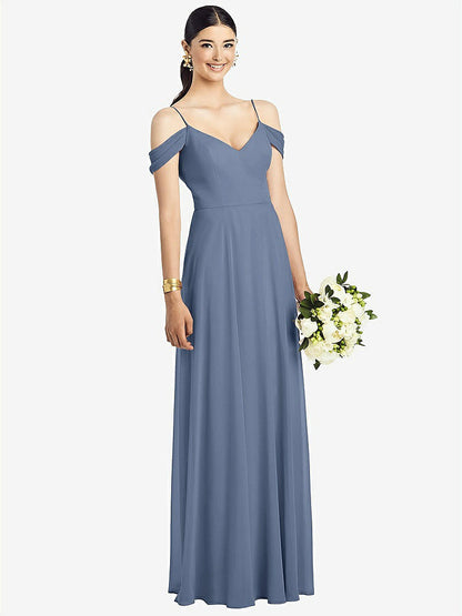 【NEW】【STYLE: 1526】コールドショルダー Vバック シフォン マキシ ドレス【COLOR: Larkspur Blue】【SIZE: 00-30W】