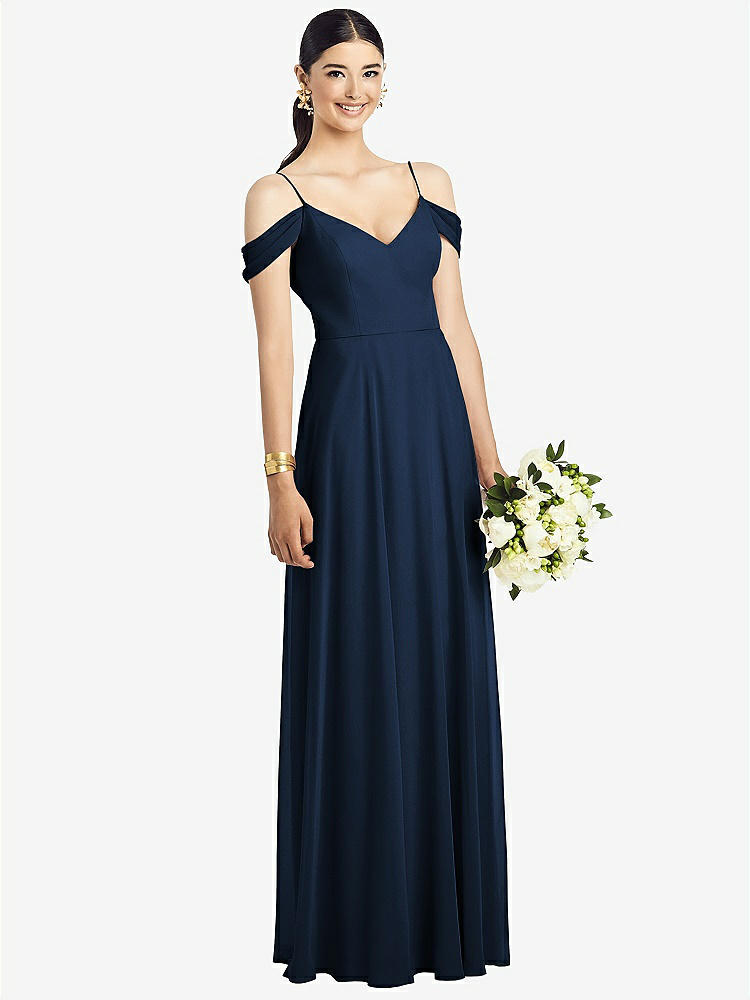 【NEW】【STYLE: 1526】コールドショルダー Vバック シフォン マキシ ドレス【COLOR: Midnight Navy】【SIZE: 00-30W】
