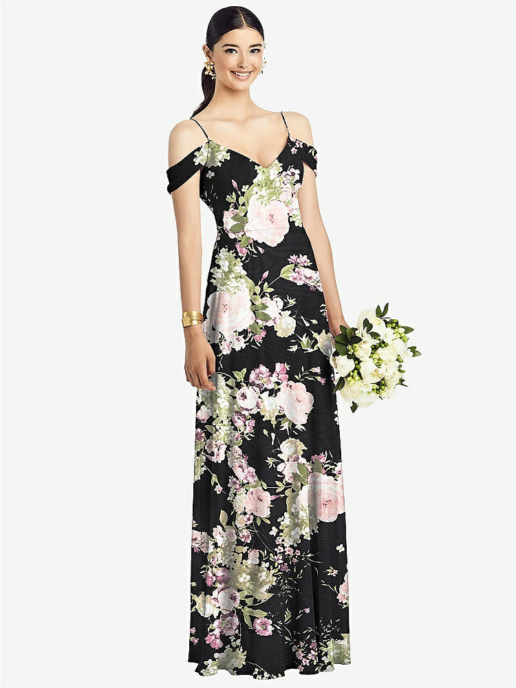【STYLE: 1526】Cold-Shoulder V-Back Chiffon Maxi Dress【COLOR: Noir Garden】