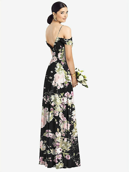 【STYLE: 1526】Cold-Shoulder V-Back Chiffon Maxi Dress【COLOR: Noir Garden】