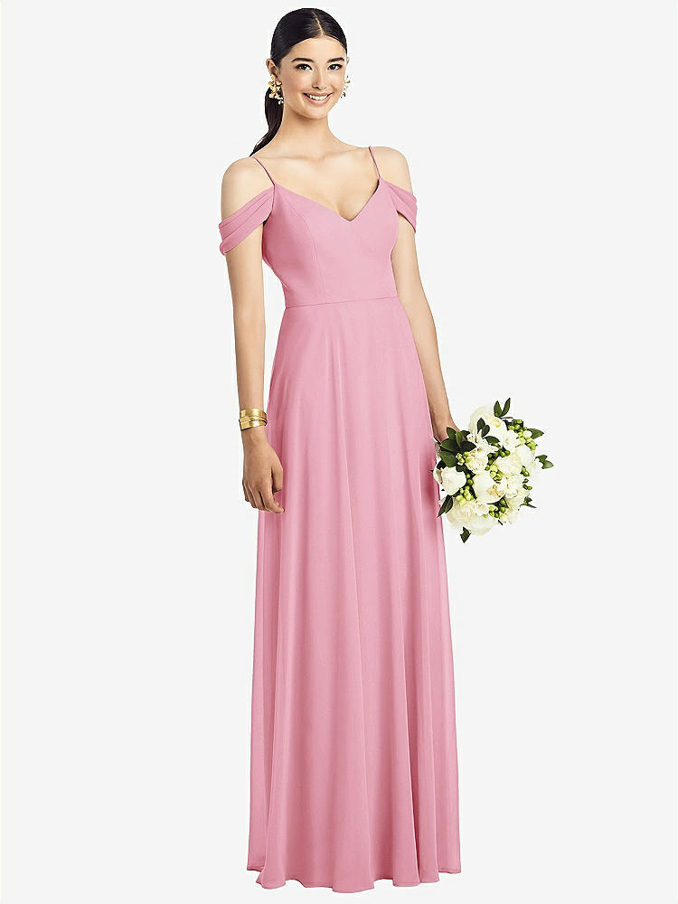 【STYLE: 1526】Cold-Shoulder V-Back Chiffon Maxi Dress【COLOR: Peony Pink】