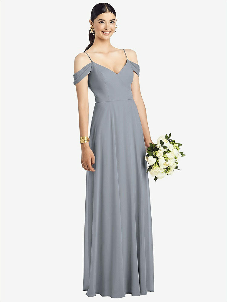 【STYLE: 1526】Cold-Shoulder V-Back Chiffon Maxi Dress【COLOR: Platinum】