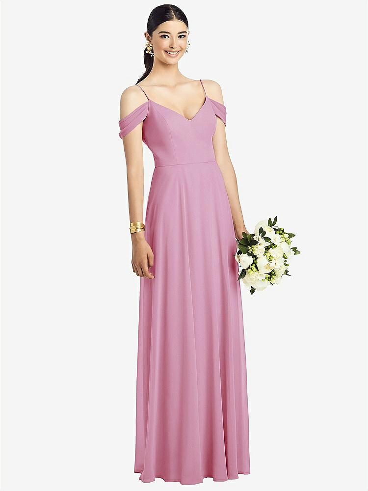 【STYLE: 1526】Cold-Shoulder V-Back Chiffon Maxi Dress【COLOR: Powder Pink】