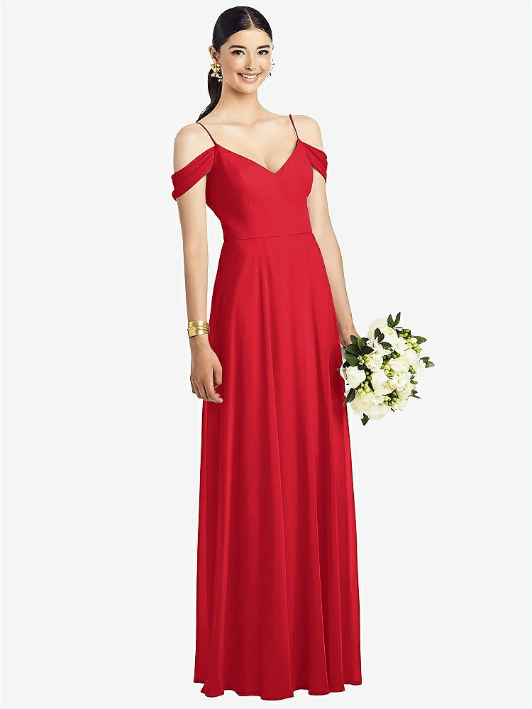 【STYLE: 1526】Cold-Shoulder V-Back Chiffon Maxi Dress【COLOR: Parisian Red】