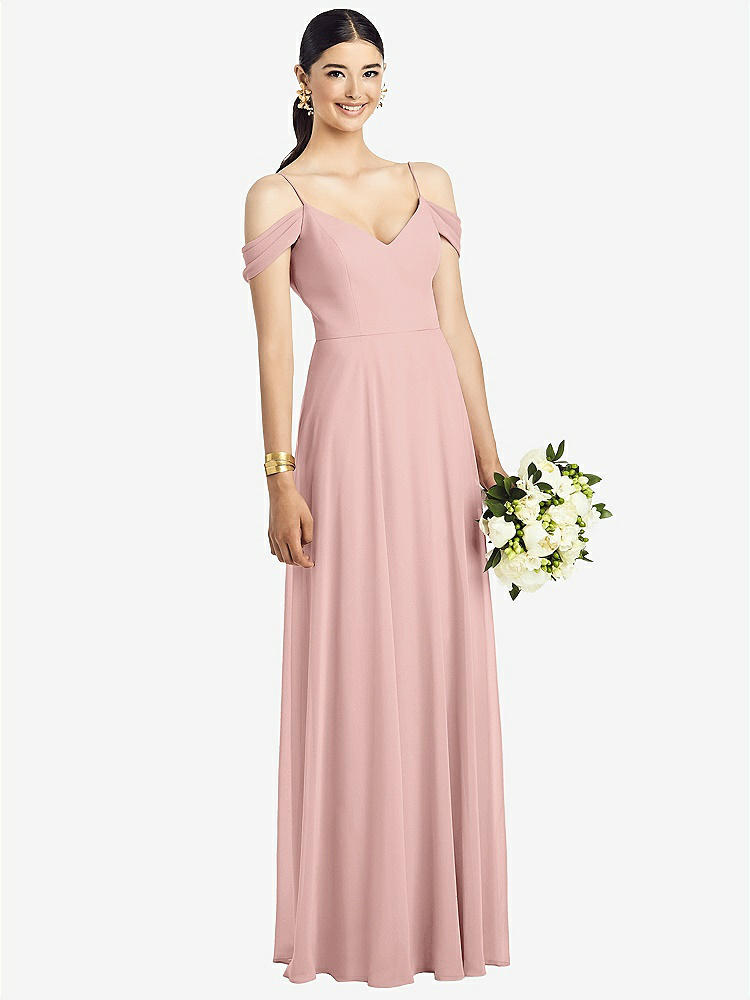 【STYLE: 1526】Cold-Shoulder V-Back Chiffon Maxi Dress【COLOR: Rose - PANTONE Rose Quartz】