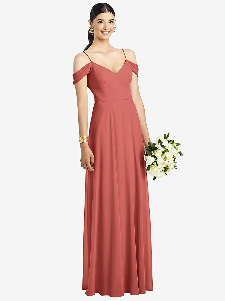 【STYLE: 1526】Cold-Shoulder V-Back Chiffon Maxi Dress【COLOR: Coral Pink】