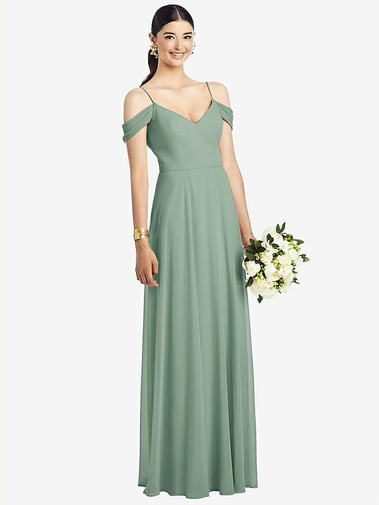 【STYLE: 1526】Cold-Shoulder V-Back Chiffon Maxi Dress【COLOR: Seagrass】
