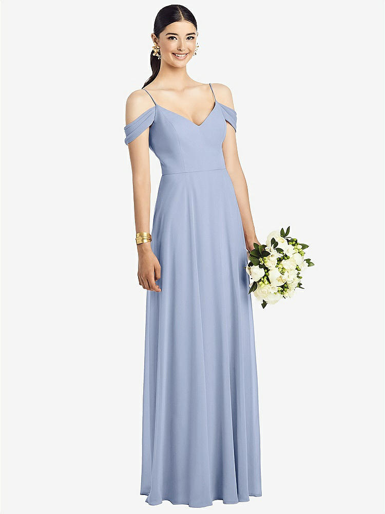 【NEW】【STYLE: 1526】コールドショルダー Vバック シフォン マキシ ドレス【COLOR: Sky Blue】【SIZE: 00-30W】