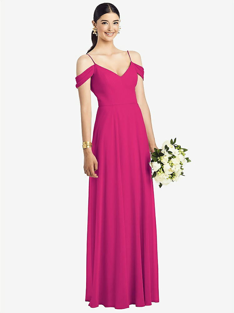 【STYLE: 1526】Cold-Shoulder V-Back Chiffon Maxi Dress【COLOR: Think Pink】
