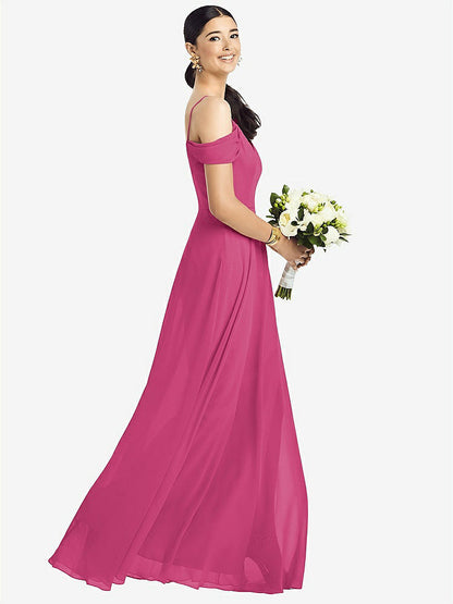 【NEW】【STYLE: 1526】コールドショルダー Vバック シフォン マキシ ドレス【COLOR: Tea Rose】【SIZE: 00-30W】