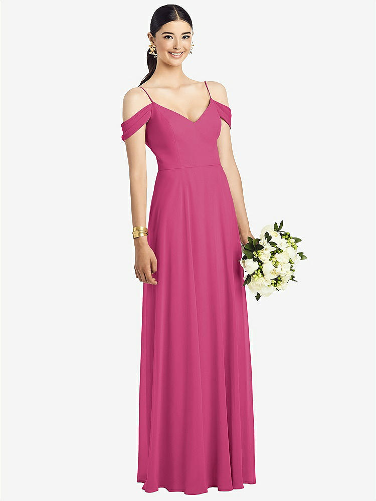 【STYLE: 1526】Cold-Shoulder V-Back Chiffon Maxi Dress【COLOR: Tea Rose】