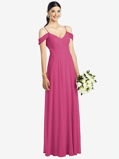 【NEW】【STYLE: 1526】コールドショルダー Vバック シフォン マキシ ドレス【COLOR: Tea Rose】【SIZE: 00-30W】