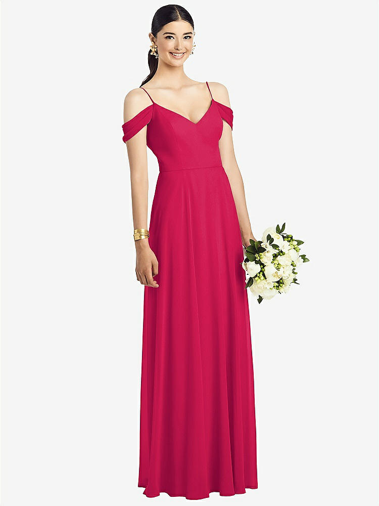 【STYLE: 1526】Cold-Shoulder V-Back Chiffon Maxi Dress【COLOR: Vivid Pink】
