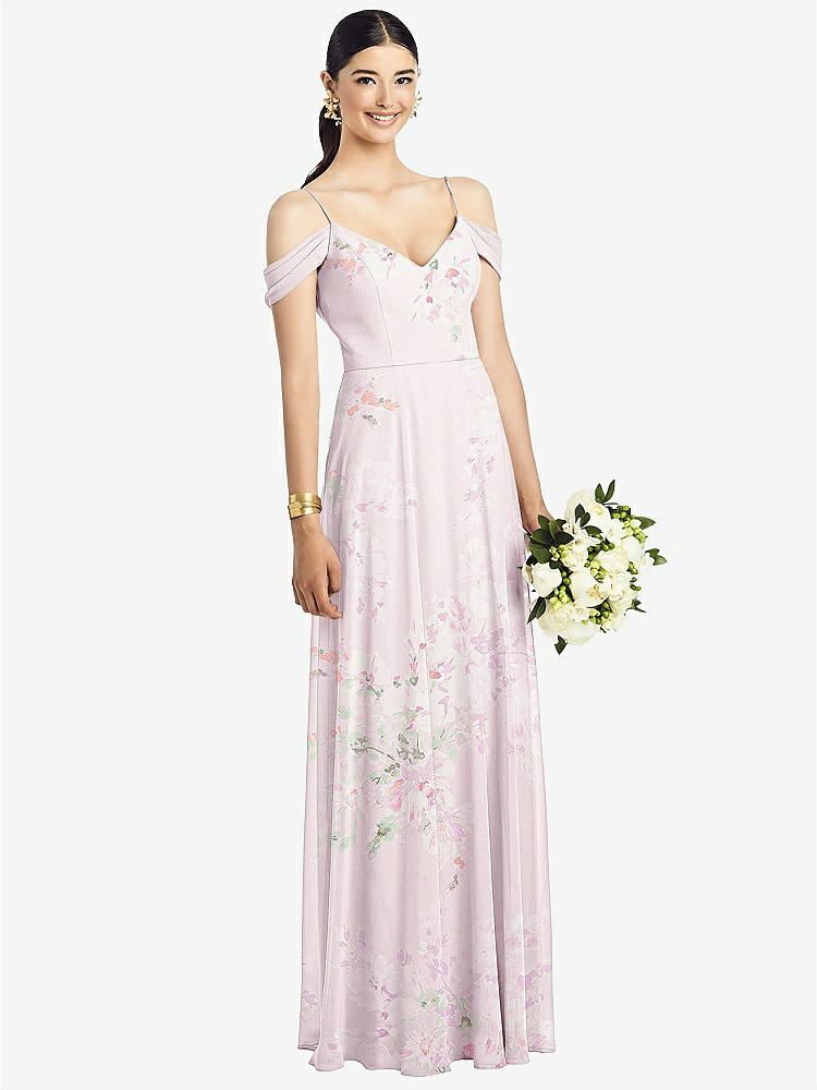 【STYLE: 1526】Cold-Shoulder V-Back Chiffon Maxi Dress【COLOR: Watercolor Print】
