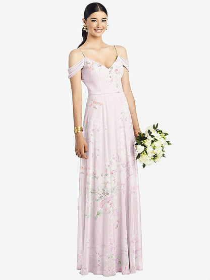 【STYLE: 1526】Cold-Shoulder V-Back Chiffon Maxi Dress【COLOR: Watercolor Print】