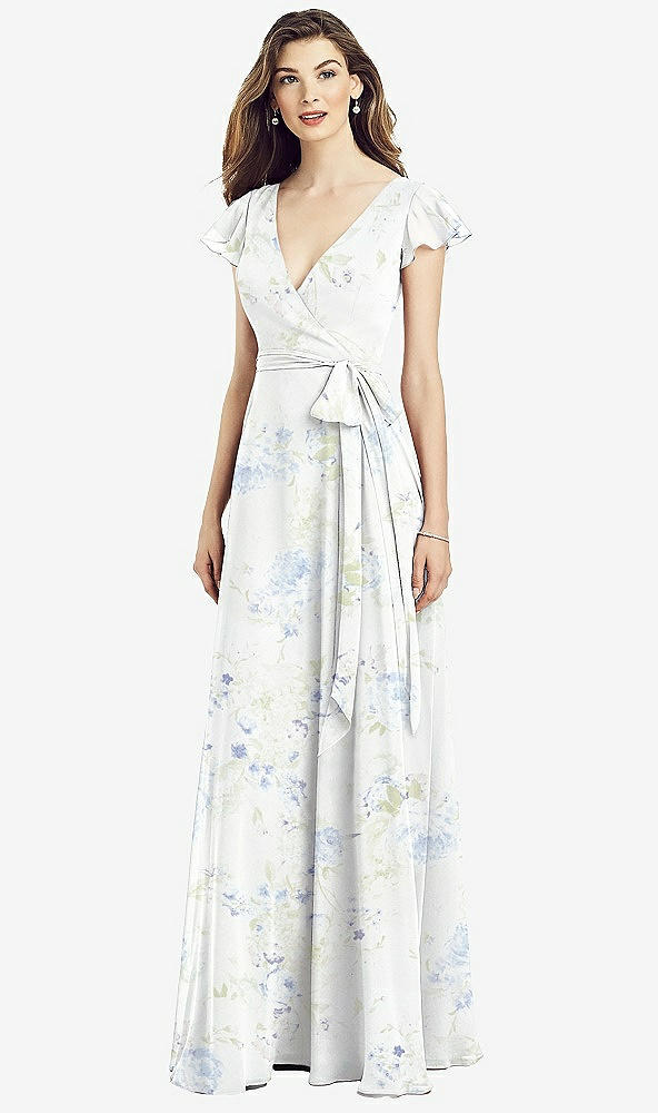 【STYLE: 6817】Flutter Sleeve Faux Wrap Chiffon Dress【COLOR: Bleu Garden】